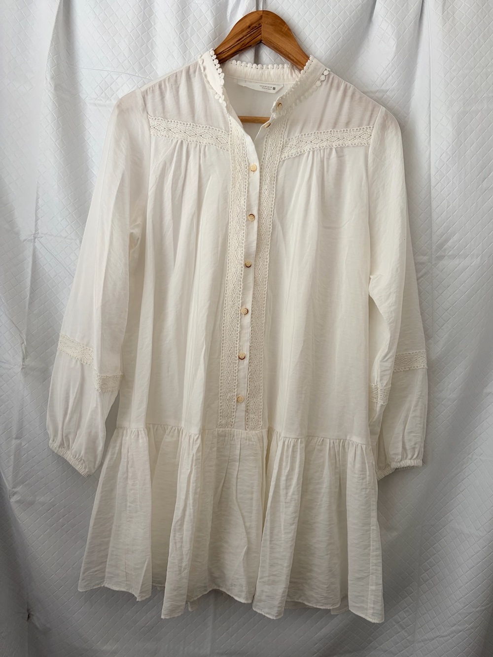 Zara Ivory Lace-Trim Tiered Button-Front Long Sleeve Dress